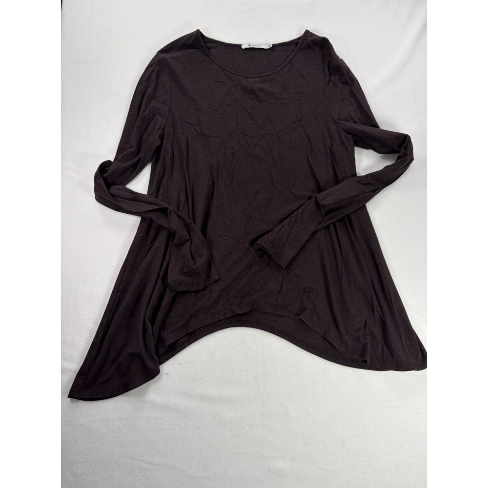 T by Alexander Wang Womens Large Brown Long Sleeve Sharkbite Hem Top Crew Neck